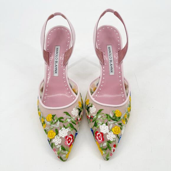 Manolo Blahnik Jardoline Pink Floral Embroidered Mesh Slingback Heels IT 36 - Picture 7 of 14